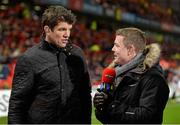 12 December2015; BT Sport pundits Donncha O'Callaghan, left, and Brian O'Driscoll in conversation before the game. European Rugby Champions Cup, Pool 4, Round 3, Munster v Leicester Tigers. Thomond Park, Limerick. Picture credit: Diarmuid Greene / SPORTSFILE