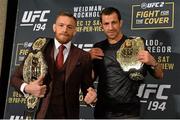 12 December 2015; UFC featherweight champion Conor McGregor, left, and middleweight champion Luke Rockhold following a post-fight press conference. UFC 194: Jose Aldo v Conor McGregor, MGM Grand Garden Arena, Las Vegas, USA. Picture credit: Ramsey Cardy / SPORTSFILE