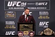 12 December 2015; UFC featherweight champion Conor McGregor during a post-fight press conference. UFC 194: Jose Aldo v Conor McGregor, MGM Grand Garden Arena, Las Vegas, USA. Picture credit: Ramsey Cardy / SPORTSFILE