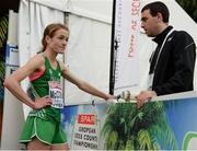 13 December 2015; Ireland's Fionnuala McCormack talks to coach Declan Monaghan after finishing fourth in the Senior Women's event. SPAR European Cross Country Championships Hyeres 2015. Paray Le Monial, France. Picture credit: Cody Glenn / SPORTSFILE