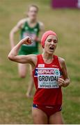 13 December 2015; Norway's Karoline Bjerkeli Grovdal celebrates as she finishes in third place ahead of Ireland's Fionnuala McCormack, background, who finished fourth, in the Senior Women's event. SPAR European Cross Country Championships Hyeres 2015. Paray Le Monial, France. Picture credit: Cody Glenn / SPORTSFILE