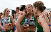 13 December 2015; Ireland's Kerry O'Flaherty, centre right, hugs team-mates Lizzie Lee, centre, and Fionnuala McCormack, right, alongside team-mate Ciara Durkan, left, after the team secured a bronze in the Senior Women's event. SPAR European Cross Country Championships Hyeres 2015. Paray Le Monial, France. Picture credit: Cody Glenn / SPORTSFILE