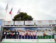 13 December 2015; The bronze medal Ireland Senior Women's team shares the podium with France, second place, and Great Britain/Northern Ireland, first place. Pictured in the Ireland team left to right are Michele Finn, Ciara Durkan, Fionnuala McCormack, Caroline Crowley, Kerry O'Flaherty and Lizzie Lee. SPAR European Cross Country Championships Hyeres 2015. Paray Le Monial, France. Picture credit: Cody Glenn / SPORTSFILE