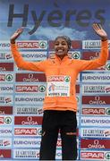 13 December 2015; Sifan Hassan, The Netherlands, on the podium after winning the Senior Women's event. SPAR European Cross Country Championships Hyeres 2015. Paray Le Monial, France Picture credit: Cody Glenn / SPORTSFILE