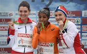 13 December 2015; Top three finishers in the Senior Women's event, from left, second place Kate Avery, Great Britain, first place Sifan Hassan, The Netherlands, and Karoline Bjerkeli Grovdal, Norway. SPAR European Cross Country Championships Hyeres 2015. Paray Le Monial, France Picture credit: Cody Glenn / SPORTSFILE