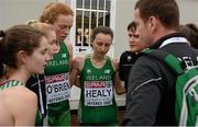 13 December 2015; Members of the Ireland Junior Women's team huddle up after the race. SPAR European Cross Country Championships Hyeres 2015. Paray Le Monial, France Picture credit: Cody Glenn / SPORTSFILE