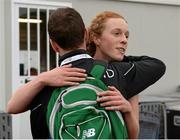 13 December 2015; Ireland's Emma O'Brien hugs her coach after finishing the Junior Women's event. SPAR European Cross Country Championships Hyeres 2015. Paray Le Monial, France Picture credit: Cody Glenn / SPORTSFILE