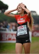 13 December 2015; Germany's Konstanze Klosterhalfen reacts after winning the Junior Women's event. SPAR European Cross Country Championships Hyeres 2015. Paray Le Monial, France Picture credit: Cody Glenn / SPORTSFILE