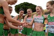 13 December 2015; The Ireland Senior Women's team, from left, Caroline Crowley, Michele Finn, Lizzie Lee, Kerry O'Flaherty, Ciara Durkan and Fionnuala McCormack celebrate their third place team finish. SPAR European Cross Country Championships Hyeres 2015. Paray Le Monial, France. Picture credit: Cody Glenn / SPORTSFILE