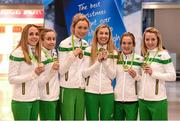 14 December 2015; Team Ireland athletes, who won team bronze medals in the Senior Women's event, from left, Kerry O'Flaherty, Michelle Finn, Caroline Crowley, Lizzie Lee, Fionualla McCormack and Ciara Durkin, in Dublin Airport on their return home from the SPAR European Cross Country Championship in France. Terminal 2, Dublin Airport, Dublin. Photo by Sportsfile