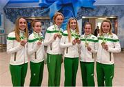 14 December 2015; Team Ireland athletes, who won team bronze medals in the Senior Women's event, from left, Kerry O'Flaherty, Michelle Finn, Caroline Crowley, Lizzie Lee, Fionualla McCormack and Ciara Durkin, in Dublin Airport on their return home from the SPAR European Cross Country Championship in France. Terminal 2, Dublin Airport, Dublin. Photo by Sportsfile
