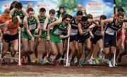 13 December 2015; The Ireland Senior Men's team, centre, lead by Mick Clohisey, centre right, and including, from centre left, Joseph Sweeney, John Coghlan, Sergiu Ciobanu, and Paul Pollock, at the start. SPAR European Cross Country Championships Hyeres 2015. Paray Le Monial, France Picture credit: Cody Glenn / SPORTSFILE