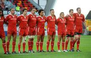 11 September 2009; Munster players, from left to right, Barry Murphy, Felix Jones, Alan Quinlan, Doug Howlett, Niall Ronan, Jeremy Manning, Denis Hurley and Donnacha Ryan line up together during a minute's silence before the game. Celtic League, Munster v Cardiff Blues, Thomond Park, Limerick. Picture credit: Diarmuid Greene / SPORTSFILE