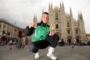 12 September 2009; John Joe Nevin, Ireland, celebrates with his bronze medal outside Milan Cathedral, following his defeat to Eduard Abzalimov, Russia, in their 54kg Bantamweight Semi-Final. AIBA World Boxing Championships, Final, Assago, Milan, Italy. Picture credit: David Maher / SPORTSFILE