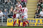 12 September 2009; Ulster's Dan Tuohy celebrates with team-mate Andy Kyriacou after the opening try. Celtic League, Ospreys v Ulster, Liberty Stadium, Swansea, Wales. Picture credit: Steve Pope / SPORTSFILE