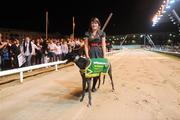 12 September 2009; Sarah Buckley, daughter of trainer Pat Buckley, with College Causeway after winning the paddypower.com Irish Greyhound Derby Final. Greyhound Racing, Shelbourne Park, Dublin. Picture credit: Stephen McCarthy / SPORTSFILE