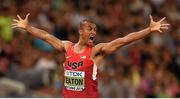 28 August 2015; Ashton Eaton of USA celebrates after winning the 400m discipline of the Men's Decathlon event, in a World Decathlon best time of 45:00. IAAF World Athletics Championships Beijing 2015 - Day 7, National Stadium, Beijing, China. Picture credit: Stephen McCarthy / SPORTSFILE