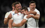 26 September 2015; Jonny May, England, second from right, is congratulated by team-mates, from left, Chris Robshaw, Sam Burgess and Ben Youngs after scoring his side's first try. 2015 Rugby World Cup, Pool A, England v Wales, Twickenham Stadium, London, England. Picture credit: Brendan Moran / SPORTSFILE