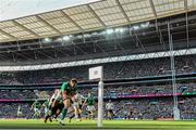 27 September 2015; Tommy Bowe, Ireland, goes over to score his side's first try despite the tackle of Ionut Botezatu, Romania. 2015 Rugby World Cup, Pool D, Ireland v Romania, Wembley Stadium, Wembley, London, England. Picture credit: Stephen McCarthy / SPORTSFILE