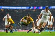 3 October 2015; Bernard Foley, Australia, scores his and his side's second try despite the best efforts of Owen Farrell, England. 2015 Rugby World Cup, Pool A, England v Australia, Twickenham Stadium, London, England. Picture credit: Brendan Moran / SPORTSFILE