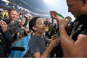 31 October 2015; Supporter Charlie Line receives a Rugby World Cup winners medal from Sonny Bill Williams, New Zealand. 2015 Rugby World Cup Final, New Zealand v Australia. Twickenham Stadium, Twickenham, London, England. Picture credit: Stephen McCarthy / SPORTSFILE