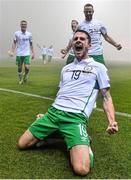 13 November 2015; Robbie Brady, Republic of Ireland, celebrates after scoring his side's first goal with team-mates. UEFA EURO 2016 Championship Qualifier Play-off, 1st Leg, Bosnia and Herzegovina v Republic of Ireland. Stadion Bilino Pole, Zenica, Bosnia & Herzegovina. Picture credit: David Maher / SPORTSFILE