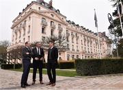 19 December 2015; Republic of Ireland manager Martin O'Neill with FAI Chief Executive John Delaney and assistant manager Roy Keane, outside the Trianon Palace Versailles, where the Republic of Ireland squad will stay as part of their basecamp facilities for UEFA Euro 2016. Versailles, France. Picture credit: David Maher / SPORTSFILE