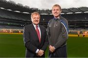 15 December 2015; Pat Fitzgerald, Bord na Móna, with Longford footballer Paddy Collum, at the launch of the Bord na Móna Leinster GAA Series. Croke Park, Dublin. Photo by Sportsfile