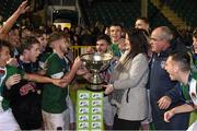15 December 2015; Cork City captain Craig Donnellan is presented with the cup by Aine Murphy, SSE Airtricity. SSE Airtricity National U19 League Final, Limerick FC v Cork City. Marketsfield, Limerick. Picture credit: Diarmuid Greene / SPORTSFILE