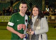 15 December 2015; Cork City's Connor Ellis receives the Man of the Match Award from Aine Murphy, SSE Airtricity. SSE Airtricity National U19 League Final, Limerick FC v Cork City. Marketsfield, Limerick. Picture credit: Diarmuid Greene / SPORTSFILE