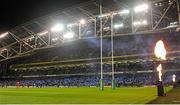 19 December 2015; Pyrotechnics are set off as the team run out on to the field of play. European Rugby Champions Cup, Pool 5, Round 4, Leinster v RC Toulon. Aviva Stadium, Lansdowne Road, Dublin. Picture credit: Seb Daly / SPORTSFILE