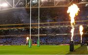19 December 2015; Pyrotechnics are set off as the team run out on to the field of play. European Rugby Champions Cup, Pool 5, Round 4, Leinster v RC Toulon. Aviva Stadium, Lansdowne Road, Dublin. Picture credit: Seb Daly / SPORTSFILE