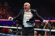 28 February 2015; Promoter Barry McGuigan celebrates after Carl Frampton retained his IBF Super-Bantamweight World Title. The World is Not Enough, Odyssey Arena, Belfast, Co. Antrim. Picture credit: Ramsey Cardy / SPORTSFILE