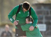 10 March 2015; Ireland rugby supporter Jennifer Malone, from Clane, Co. Kildare, hugs Ireland's Peter O'Mahony on his arrival for squad training. Carton House, Maynooth, Co. Kildare. Picture credit: Brendan Moran / SPORTSFILE