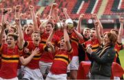 19 March 2015; Eoin Monahan, CBC, lifts the trophy after the match. SEAT Munster Schools Junior Cup Final, Crescent College Comprehensive v CBC, Thomond Park, Limerick. Picture credit: Ramsey Cardy / SPORTSFILE