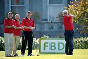 14 September 2009; Adrian Taheny, Director-Marketing and Sales with FBD, watches his tee shot from the first tee box with Eddie Kerr, Nudie Hughes and Barney Rock at the 2009 FBD GAA Golf Challenge All-Ireland Final. Faithlegg House Hotel & Golf Club, Co. Waterford. Picture credit: Matt Browne / SPORTSFILE