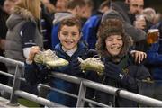 19 December 2015; Leinster supporters Ciaran Foley, from Newtownmountkennedy, Co. Wicklow, left, and Ian Geraghty, from Kilmacanoge, Co. Wicklow, who received Jamie Heaslip's boots after the game. European Rugby Champions Cup, Pool 5, Round 4, Leinster v RC Toulon. Aviva Stadium, Lansdowne Road, Dublin. Picture credit: Stephen McCarthy / SPORTSFILE