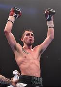 19 December 2015; Craig Evans celebrates at the final bell of his WBO European Lightweight bout against Thomas Stalker, which resulted in a draw. WBO World Middleweight Title Fight, Undercard. Manchester Arena, Manchester. Picture credit: Ramsey Cardy / SPORTSFILE