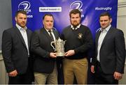 19 December 2015; Pictured during the Bank of Ireland Provincial Towns Cup Draw, are, from left, Sean O'Brien, Leinster, Pat Slater, Conal Slater, both County Carlow RFC, and Fergus McFadden, Leinster. Ballsbridge Hotel, Dublin. Picture credit: Sam Barnes / SPORTSFILE