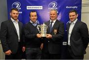 19 December 2015; Pictured during the Bank of Ireland Provincial Towns Cup Draw, are, from left, Sean O'Brien, Leinster, Stuart Holland, John Treacy, both  Athry RFC, and Fergus McFadden, Leinster. Ballsbridge Hotel, Dublin. Picture credit: Sam Barnes / SPORTSFILE