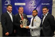 19 September 2015; Pictured during the Bank of Ireland Provincial Towns Cup Draw, are, from left, Sean O'Brien, Leinster, Tom Nolan, Keiaho Bloomfield, both Tullow RFC, and Fergus McFadden, Leinster. Ballsbridge Hotel, Dublin. Picture credit: Sam Barnes / SPORTSFILE