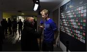 19 December 2015; Leinster head coach Leo Cullen is interviewed by RTE's Michael Corcoran. European Rugby Champions Cup, Pool 5, Round 4, Leinster v RC Toulon. Aviva Stadium, Lansdowne Road, Dublin. Picture credit: Stephen McCarthy / SPORTSFILE