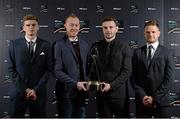 19 December 2015; Dundalk FC footballers, from left, Sean Gannon, Chris Shields, Andy Boyle and Dane Massey, whose team won the RTÉ Sports Team of the Year award, at the RTÉ Sports Awards 2015. RTE Sports Awards. RTÉ, Donnybrook, Dublin. Picture credit: Piaras Ó Mídheach / SPORTSFILE