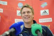 17 September 2009; Munster's new signing Jean de Villiers speaking to the media upon his arrival in Ireland. Munster's new signing Jean de Villiers, Cork Airport, Co. Cork. Picture credit: Matt Browne / SPORTSFILE