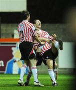 18 September 2009; Thomas McManus, Derry City, celebrates after scoring his side's 2nd goal with team-mates Ruardhi Higgins, left, and Barry Molloy, right. League of Ireland Premier Division, Drogheda United v Derry City, United Park, Drogheda, Co. Louth. Photo by Sportsfile