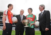 16 September 2009; Armagh minor captain Declan McKenna and Mayo minor captain Aidan Walsh with Uachtarán Chumann Lúthchleas Gael Criostóir Ó Cuana, Padraig McManus, Chief Executive ESB, left, and the Tom Markham Cup, pictured in Croke Park ahead of the ESB GAA Football All-Ireland Minor Championship Final, Armagh v Mayo. ESB GAA Football All-Ireland Minor Championship Final Captains Photocall, Croke Park, Dublin. Picture credit: Pat Murphy / SPORTSFILE