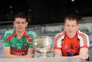 16 September 2009; Armagh minor captain Declan McKenna and Mayo minor captain Aidan Walsh with the Tom Markham Cup, pictured in Croke Park ahead of the ESB GAA Football All-Ireland Minor Championship Final, Armagh v Mayo. ESB GAA Football All-Ireland Minor Championship Final Captains Photocall, Croke Park, Dublin. Picture credit: Pat Murphy / SPORTSFILE