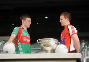 16 September 2009; Armagh minor captain Declan McKenna and Mayo minor captain Aidan Walsh with the Tom Markham Cup, pictured in Croke Park ahead of the ESB GAA Football All-Ireland Minor Championship Final, Armagh v Mayo. ESB GAA Football All-Ireland Minor Championship Final Captains Photocall, Croke Park, Dublin. Picture credit: Pat Murphy / SPORTSFILE