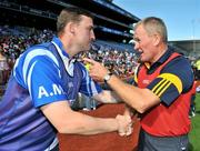 13 September 2009; Offaly manager Joachim Kelly shakes hands with Waterford manager Andy Moloney after the match. Gala All-Ireland Junior Camogie Championship Final, Offaly v Waterford, Croke Park, Dublin. Picture credit: Brian Lawless / SPORTSFILE
