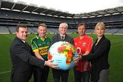 18 September 2009; John Gormley T.D., Minister for the Environment, Heritage & Local Government, centre, was joined by, from left, Peter McKenna, Stadium Director, Croke Park, Mick Spillane, former Kerry footballer, Tony Davis, former Cork footballer and Sunday Game TV analyst, and Julie Manahan, Marketing Manager, Croke Park, at the launch of the national climate change campaign competition for GAA clubs with a prize fund of €28,000. GAA club members are invited to set up a Group for Change at www.change.ie to encourage as many people as possible to join that group and pledge to reduce their carbon emissions and reduce their personal carbon number. Croke Park, Dublin. Picture credit: Brian Lawless / SPORTSFILE